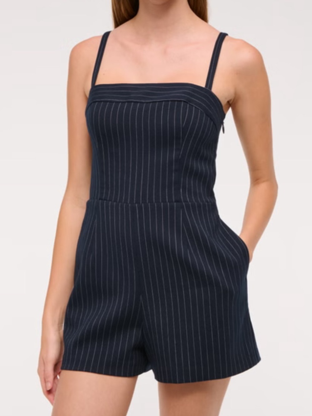 Abercrombie & Fitch Micro Short Tailored Romper Dark Indigo Stripe Medium Petite